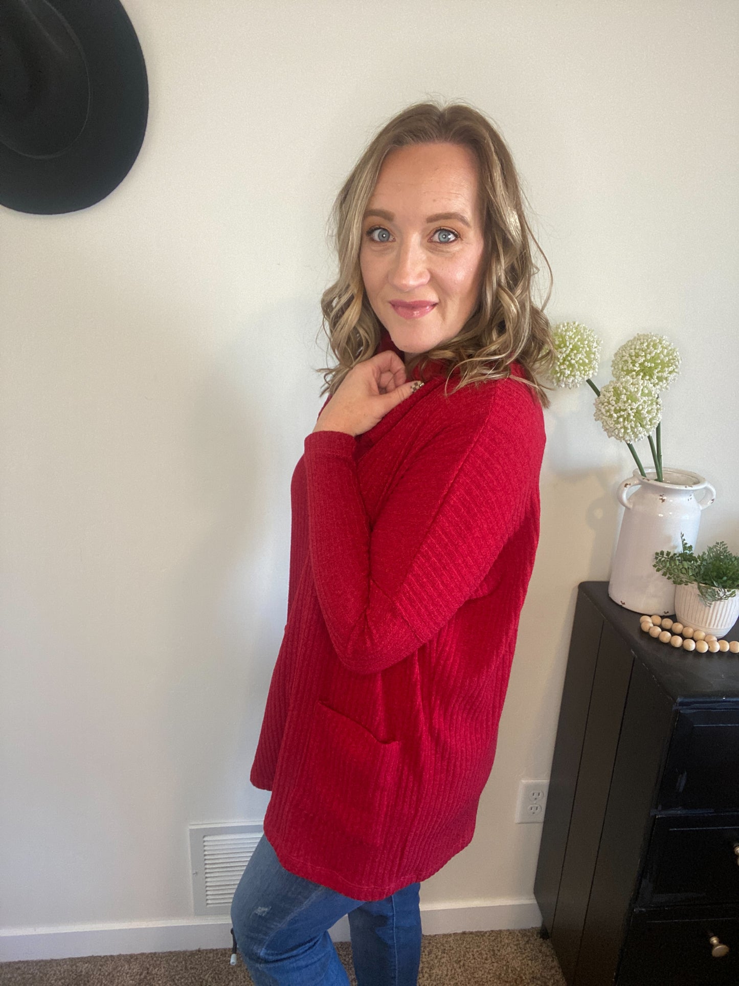 Lucy Red Cowl Neck Sweater