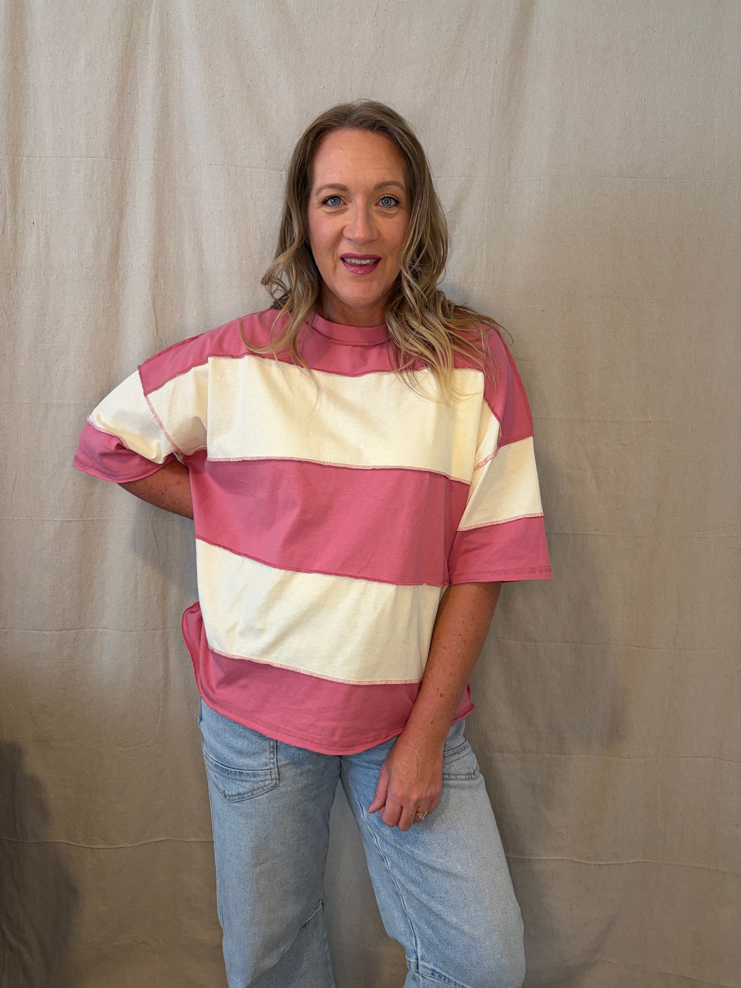 Kate Wide Stripe Tee in Raspberry