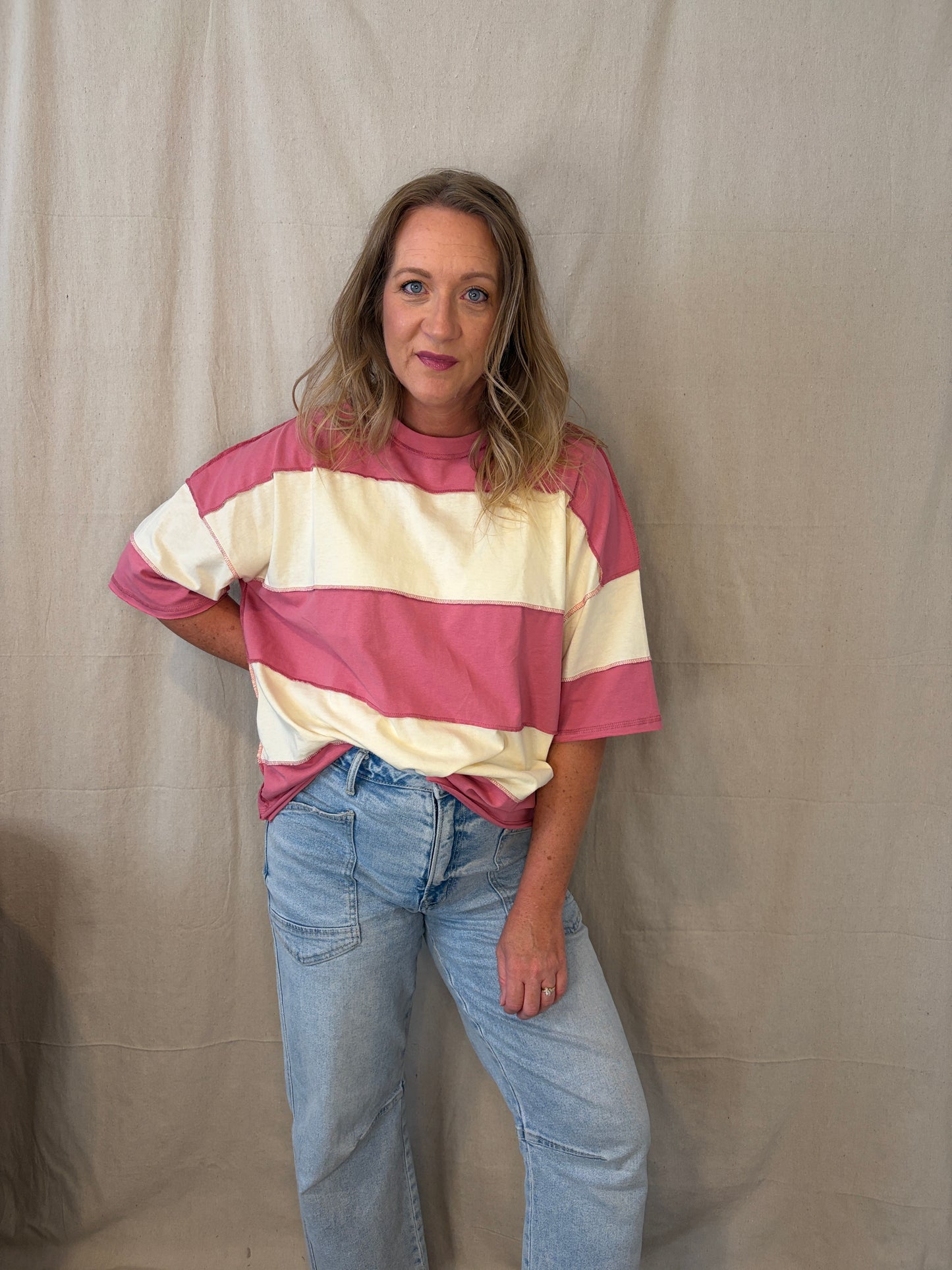 Kate Wide Stripe Tee in Raspberry
