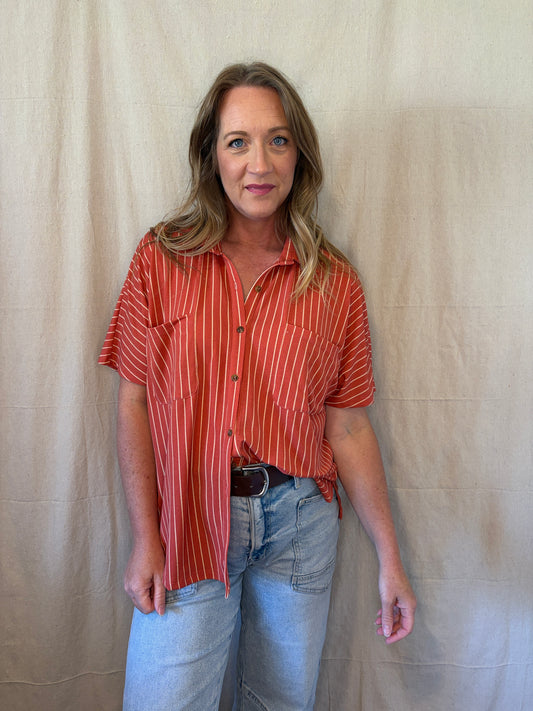 Alyce Striped Button Down in Brick