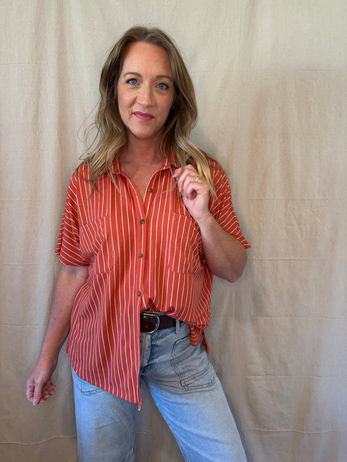 Alyce Striped Button Down in Brick