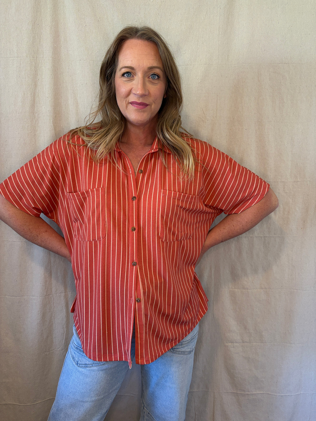 Alyce Striped Button Down in Brick