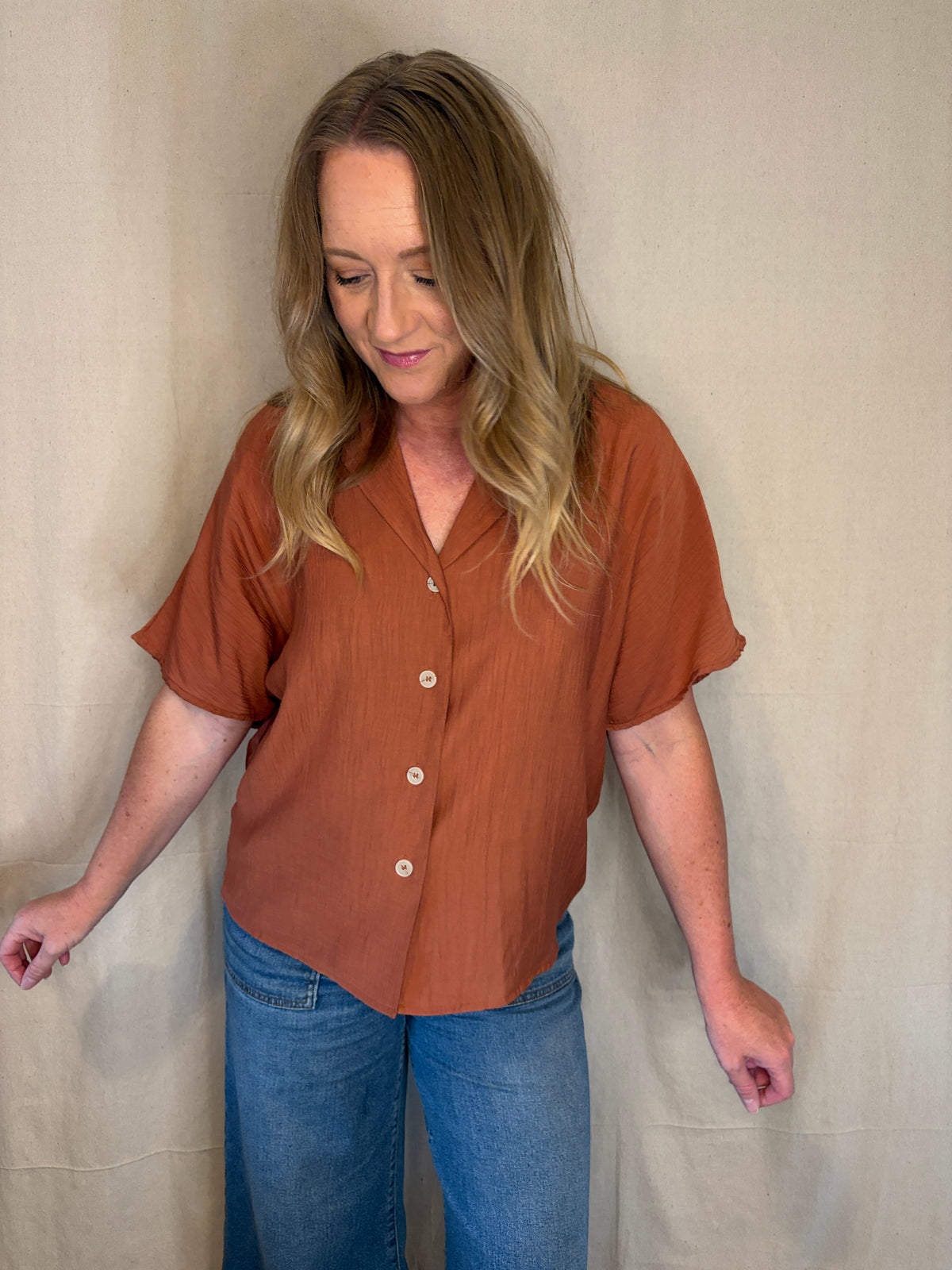 Candace Notch Lapel Top in Rust