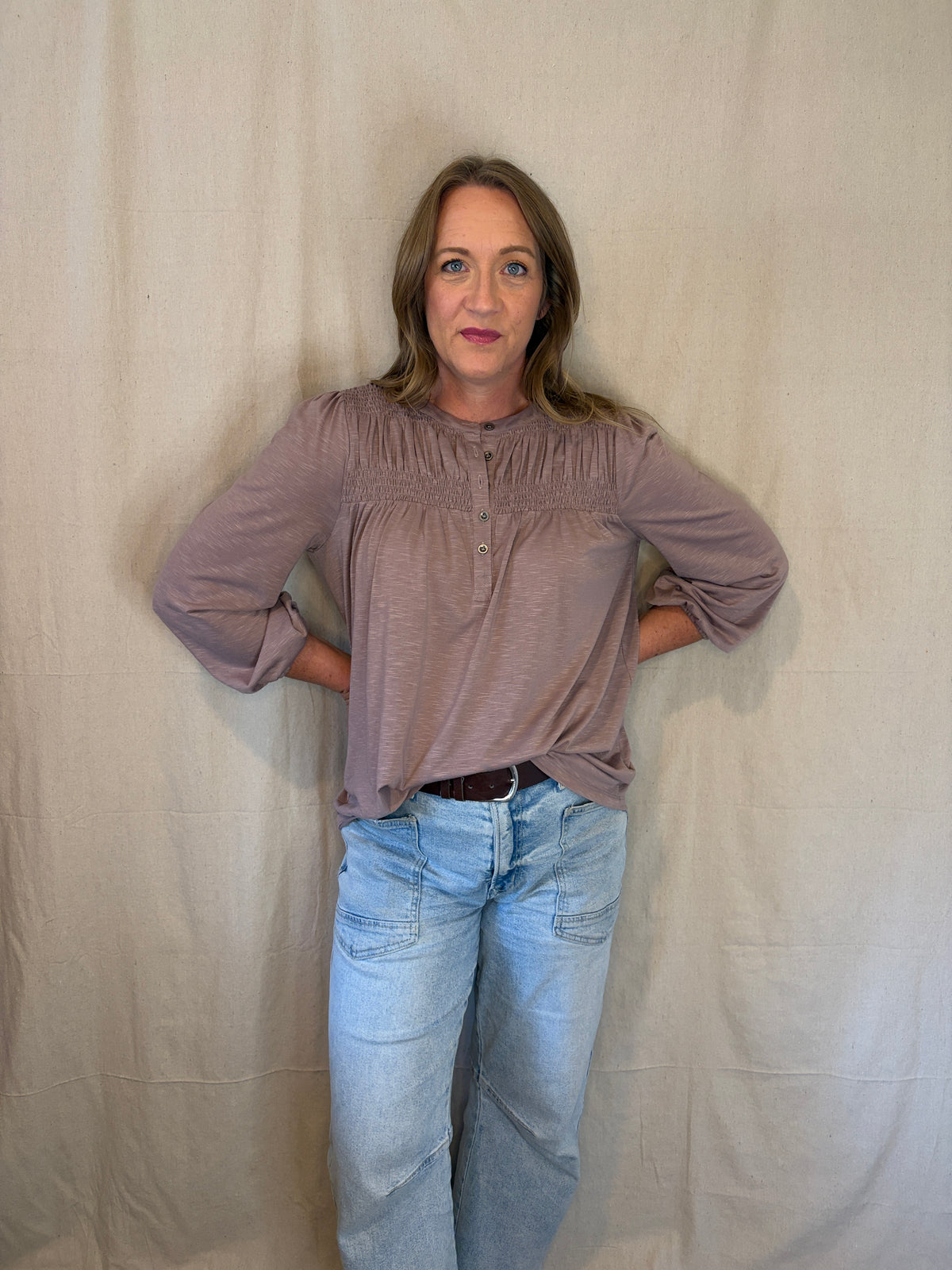 Misty Smocked Top in Lavender-Grey