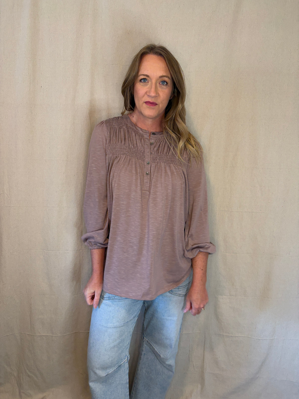 Misty Smocked Top in Lavender-Grey