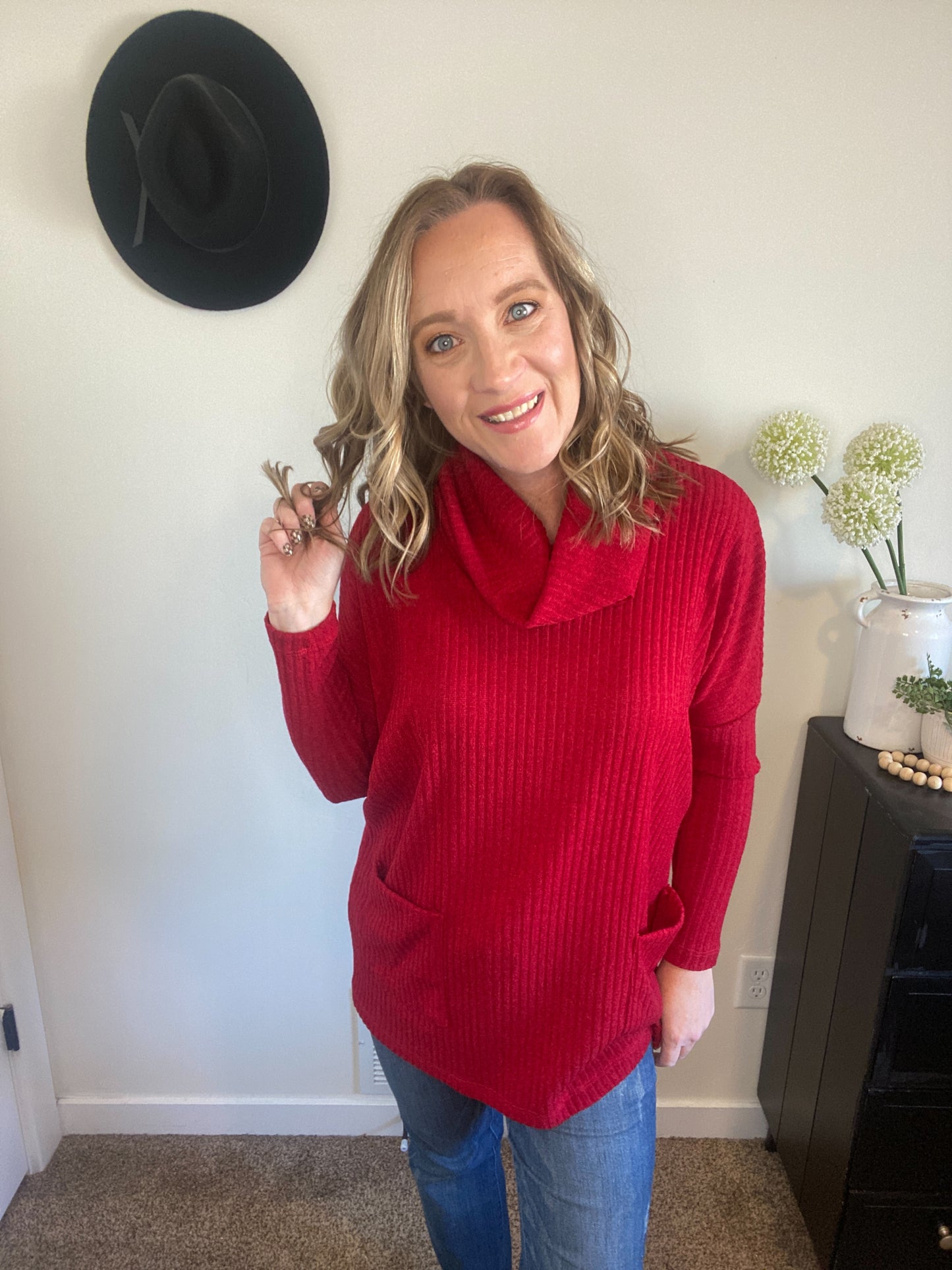 Lucy Red Cowl Neck Sweater