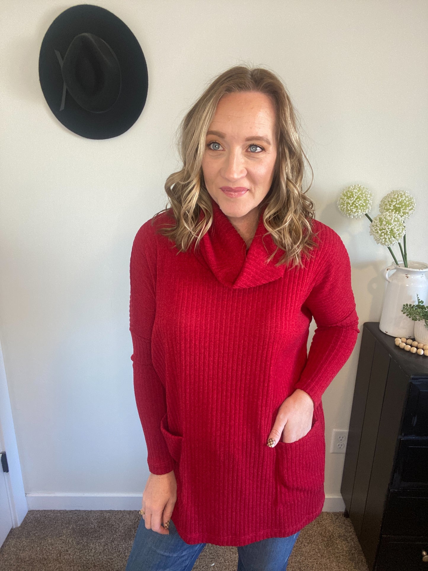 Lucy Red Cowl Neck Sweater