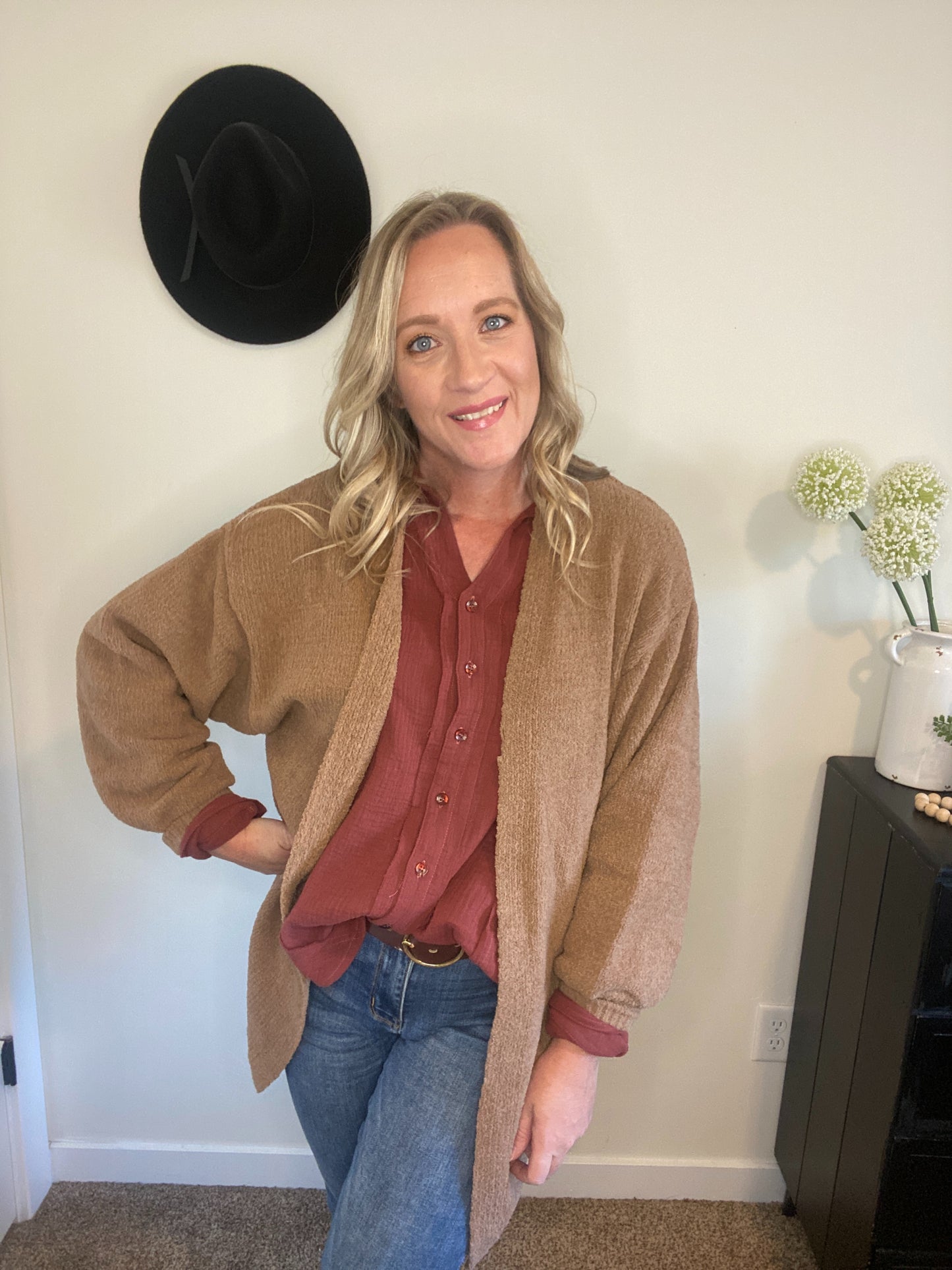 Gwen Bishop Sleeve Cardigan in Camel
