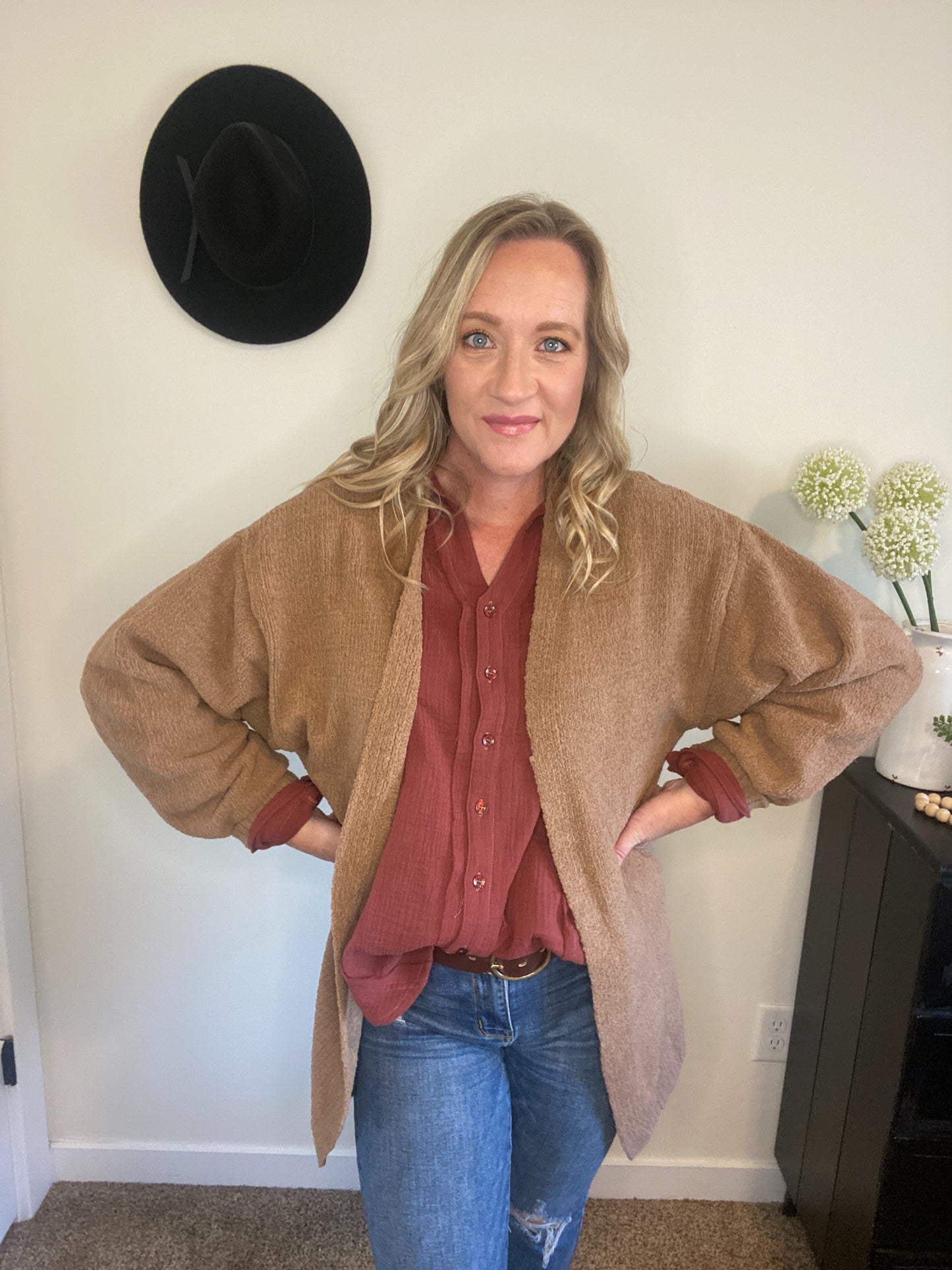 Gwen Bishop Sleeve Cardigan in Camel